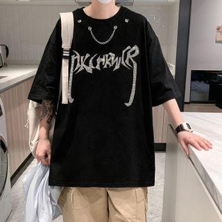 Elbow-sleeve Rhinestone Lettering Chained T-shirt