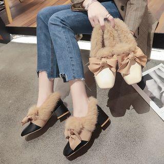 Furry Trim Ribbon Chunky-heel Shoes