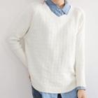 V-neck Scoop Hem Knit Top Beige - M