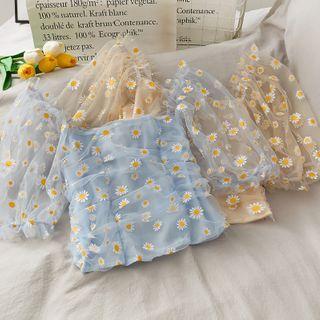 Daisy-print Ruched Light Top