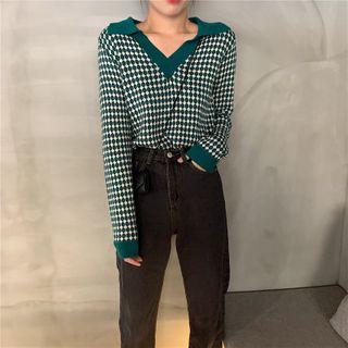 V-neck Contrast Color Sweater Green - One Size