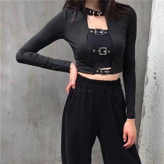 Strappy Long-sleeve Slim-fit Top Black - One Size