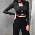 Strappy Long-sleeve Slim-fit Top Black - One Size