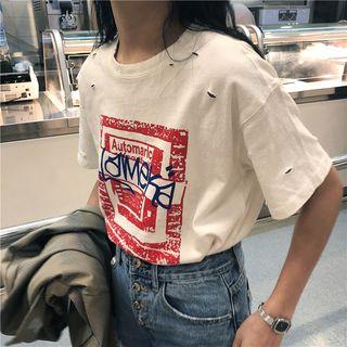 Printed Short-sleeve Ripped T-shirt