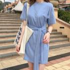 Plain Short Sleeve Tie Waist Dress Blue - One Size