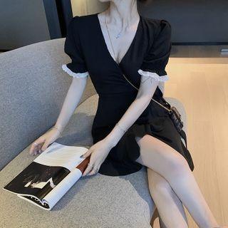 Lace-trim V-neck Short-sleeve Mini Dress