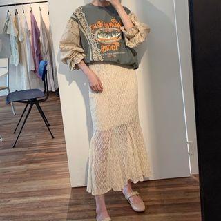 Printed Eyelet Lace Panel Lantern-sleeve Top / Lace Midi Skirt