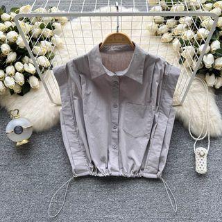 Sleeveless Lapel Pocket Drawstring Top