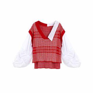 Mock Neck Knit Panel Long Sleeve Top
