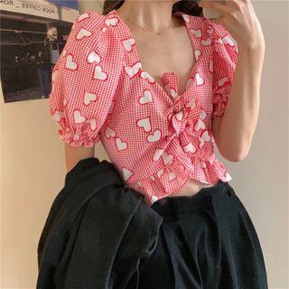 Heart Printed Square-neck Short-sleeve Blouse
