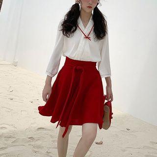 Tie Neck Blouse / Drawstring Pleated Skirt