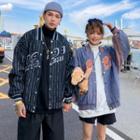 Contrast Stripe Button Baseball Jacket