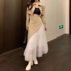 Single-breasted Cropped Jacket / Mesh Panel Maxi A-line Skirt