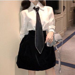 Set: Long-sleeve Rhinestone Shirt + A-line Skirt