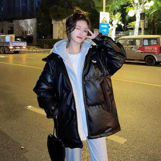 Mock Two-piece Faux Leather Long-sleeve Jacket Black - One Size