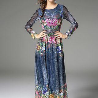 Print Long-sleeve Maxi Lace Dress
