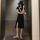 Short-sleeve Slit Dress Black - One Size
