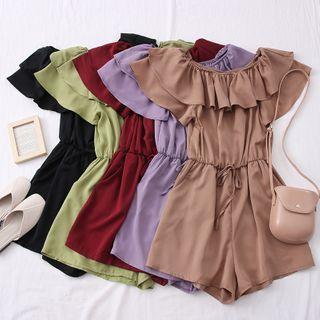Boatneck Tie-waist Ruffled Playsuit