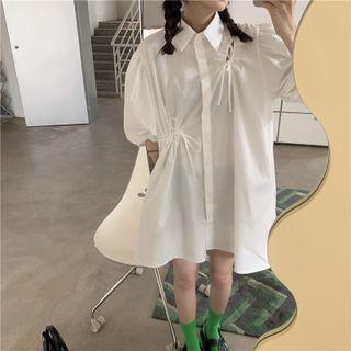 Puff-sleeve Drawstring Mini Shirtdress White - One Size