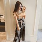 Set: Short-sleeve V-neck T-shirt + Striped Cropped Wide Leg Pants