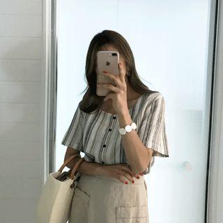 Short-sleeve Striped Linen-blend Blouse
