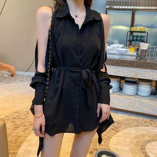 Cold Shoulder Shirt / Striped Long-sleeve T-shirt