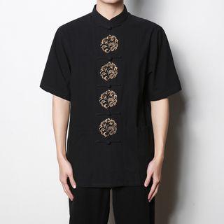 Mandarin Collar Embroidered Short-sleeve Shirt