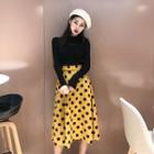 Long Sleeve Knit Top / Polka Dotted A-line Skirt