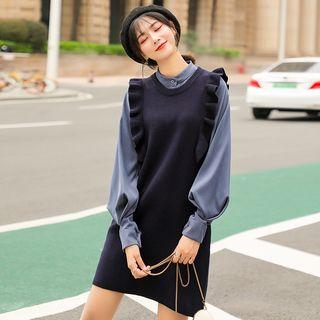 Set: Balloon-sleeve Shirt + Sleeveless Frill-trim Mini Knit Dress