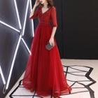 Embellished V-neck Elbow-sleeve A-line Evening Gown