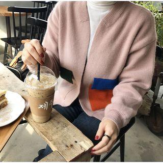Color Block Open-front Cardigan Pink - One Size