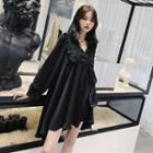 Long-sleeve Frill Trim Asymmetric Mini Dress Black - One Size