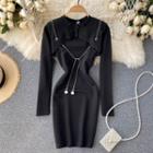 Set : Chain Cropped Long-sleeve Cover-up + Spaghetti-strap Dress