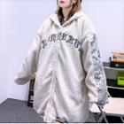 Lettering Paisley Print Panel Hooded Zip Fleece Jacket