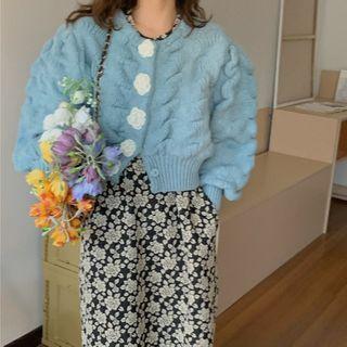 Cropped Cardigan / Flower Print Midi A-line Skirt