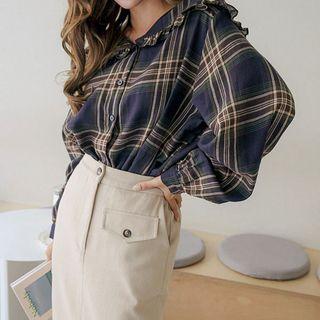 Plus Size Frilled Sailor-collar Plaid Blouse