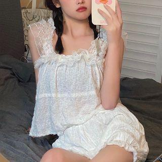 Loungewear Set: Lace Trim Camisole Top + Shorts Set - White - One Size