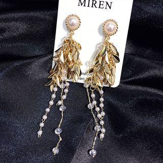 Faux Pearl Alloy Leaf Fringed Earring Silver Needle - Gold - One Size