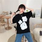 Elbow-sleeve Floral Print T-shirt Black - One Size