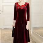 3/4-sleeve Rose Embroidered Midi A-line Dress