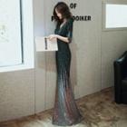 Elbow Sleeve V-neck Sequined Mermaid Evening Gown