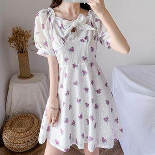 Balloon-sleeve Floral Print Bow A-line Dress