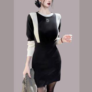 Long-sleeve Lettering Two-tone Knit Mini Sheath Dress Black - One Size