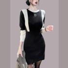 Long-sleeve Lettering Two-tone Knit Mini Sheath Dress Black - One Size