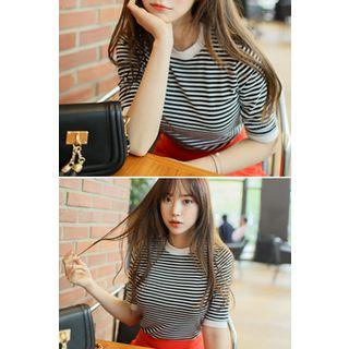 Crew-neck Elbow-sleeve Striped T-shirt