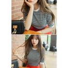 Crew-neck Elbow-sleeve Striped T-shirt