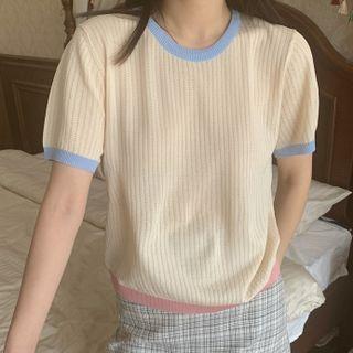 Short-sleeve Contrast Trim Knit Top Almond - One Size