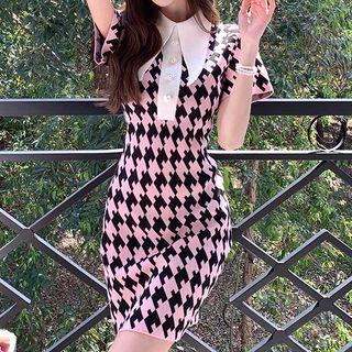 Contrast Collar Houndstooth Mini Bodycon Dress