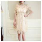 Set: Sequined Star Short-sleeve Mesh Mini A-line Dress + Slipdress