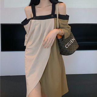 Elbow-sleeve Cold Shoulder Two-tone Shift Dress Almond & Green - One Size